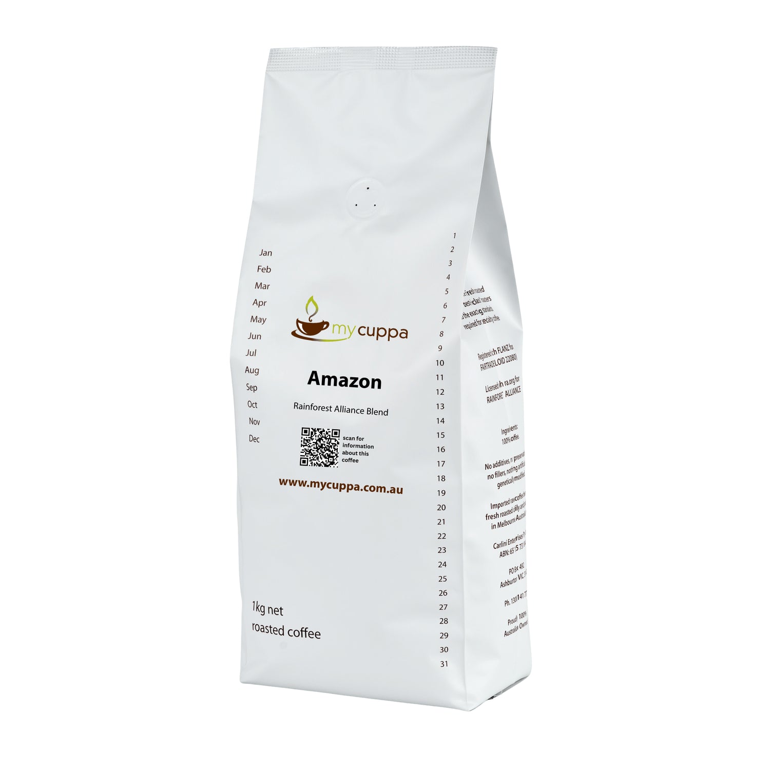 1kg pack mycuppa Amazon Rainforest Alliance certified coffee