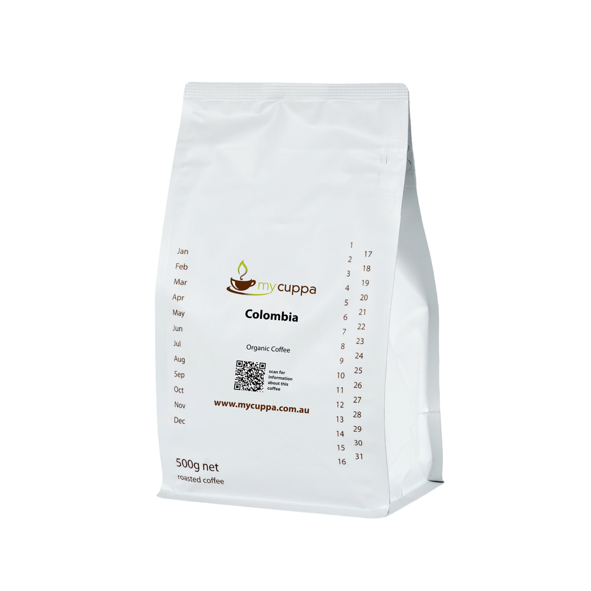 mycuppa 500g pack of sweet tasting Colombia Organic fresh roasted coffee beans.