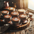 Multiple cups of coffee with milk foam art in a rustic setting with coffee beans scattered around.