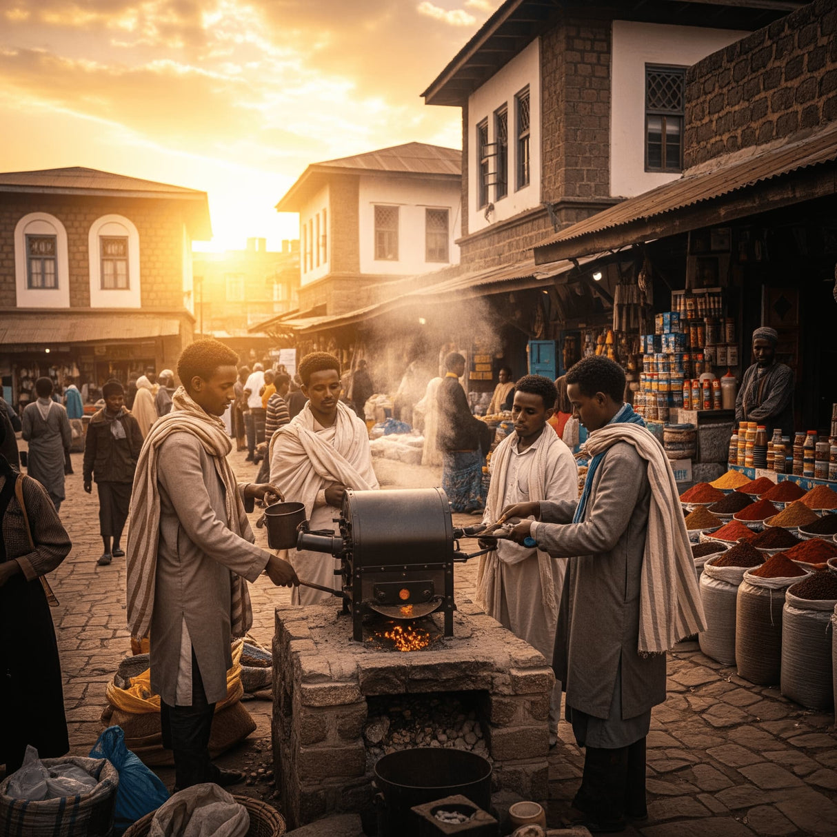 People around a traditional stove in an outdoor market setting with buildings and people in the background.