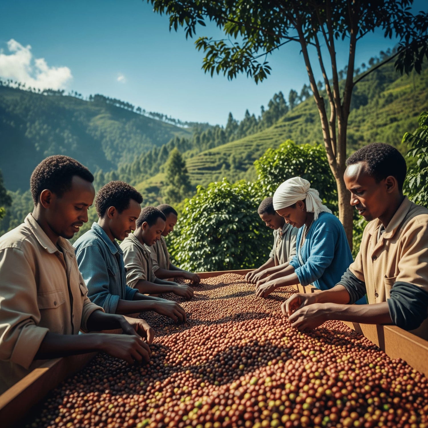 Group of people sorting coffee beans outdoors with a scenic background