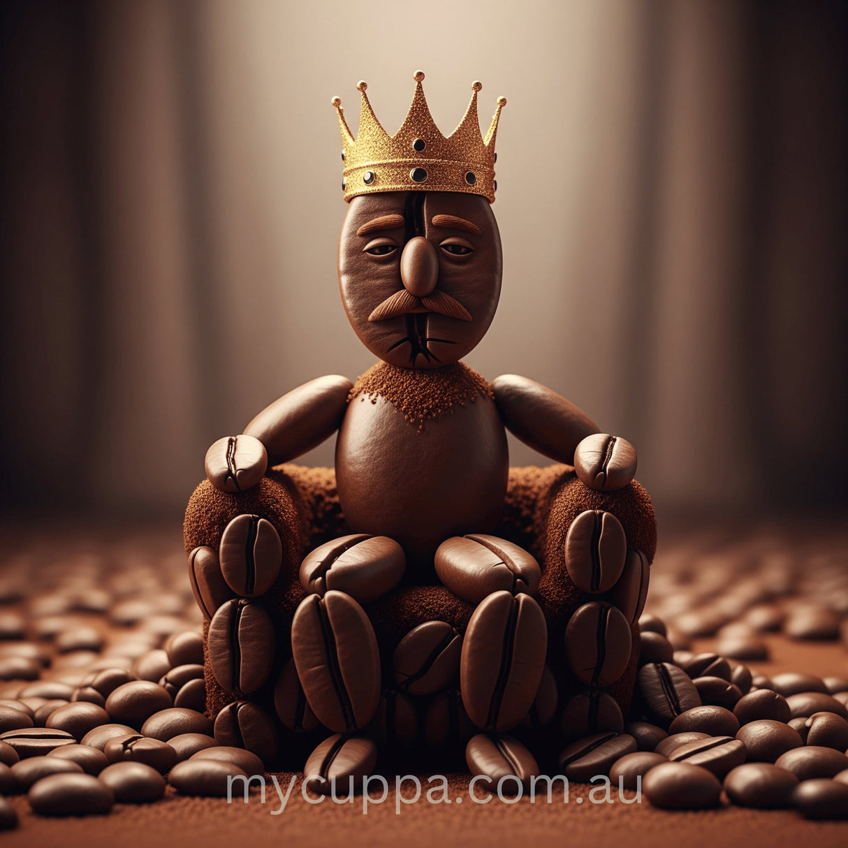 Artistic representation of a coffee bean king figure with a crown on a background of coffee beans.