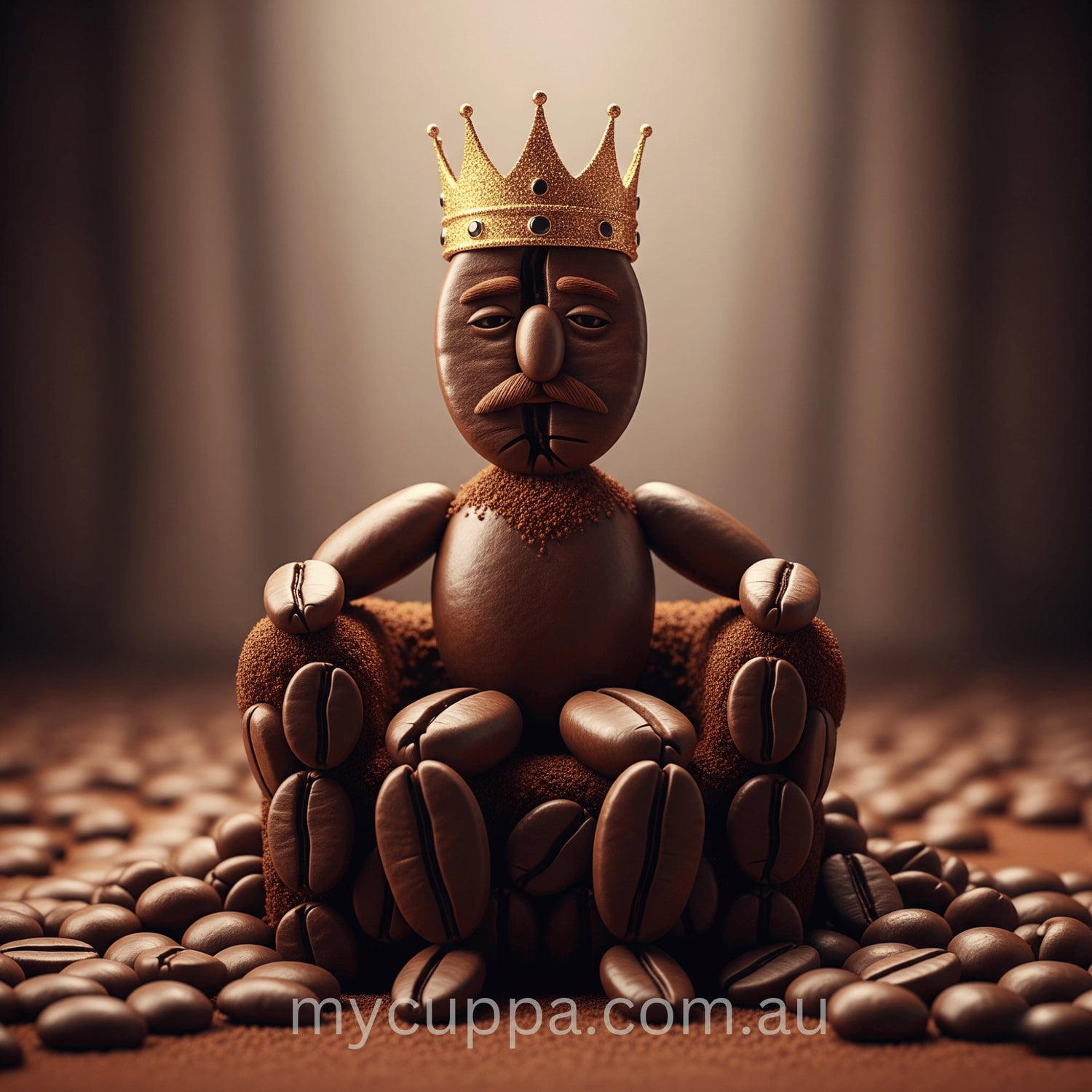 Artistic representation of a coffee bean king figure with a crown on a background of coffee beans.