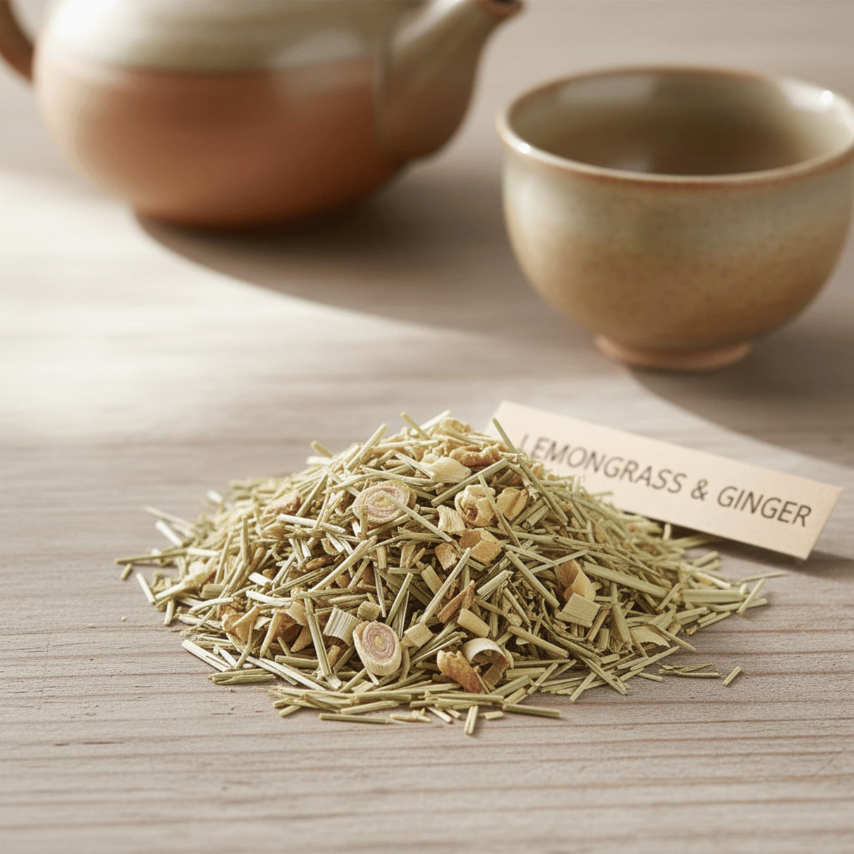 Dried lemongrass and ginger on a wooden surface with a teapot and cup in the background.