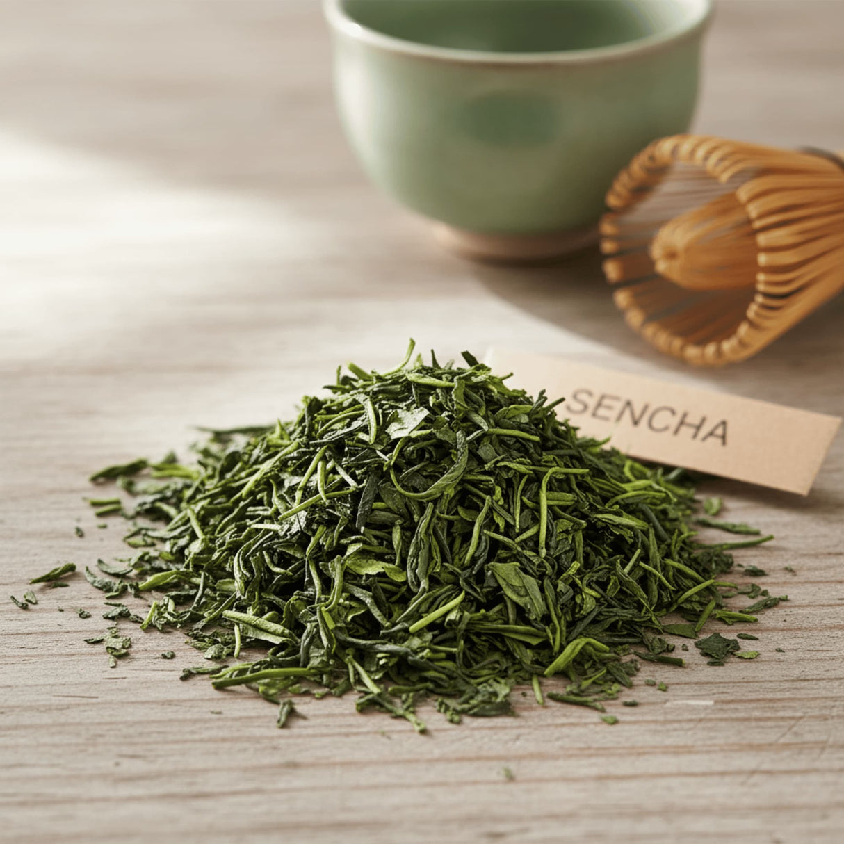 Sencha green tea leaves on a wooden surface with a green tea cup and wooden scoop in the background.