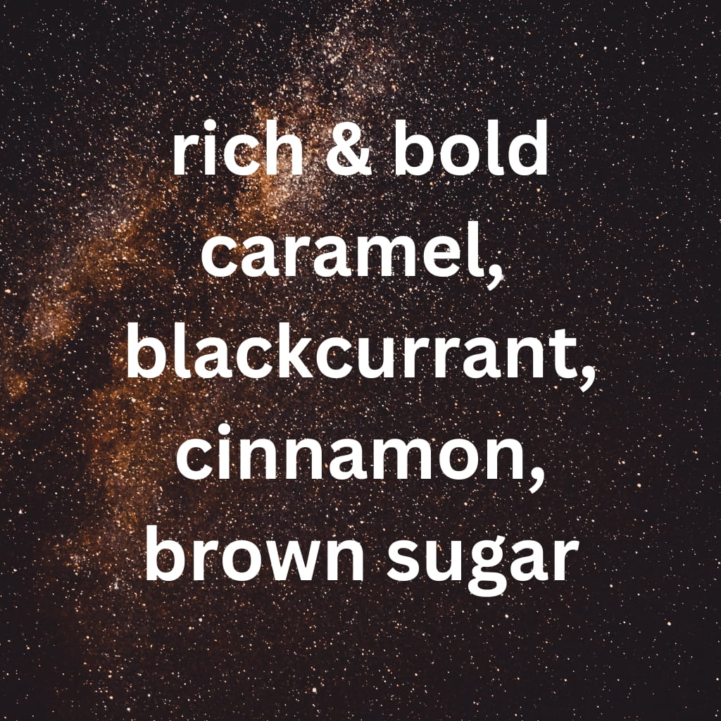 Text describing flavor profile on a dark background with star-like specks