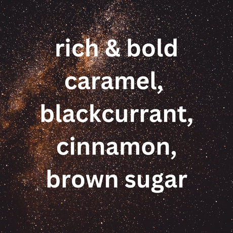 Text describing flavor profile on a dark background with star-like specks