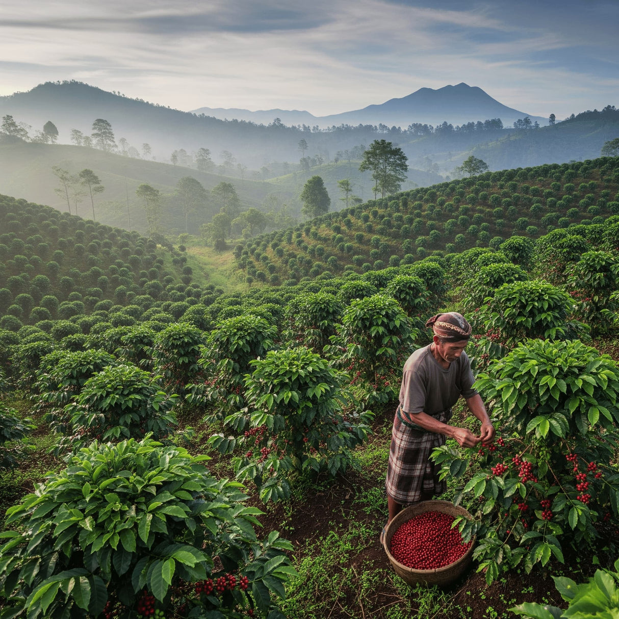 Man harvesting coffee berries in a lush green coffee plantation with mountains in the background