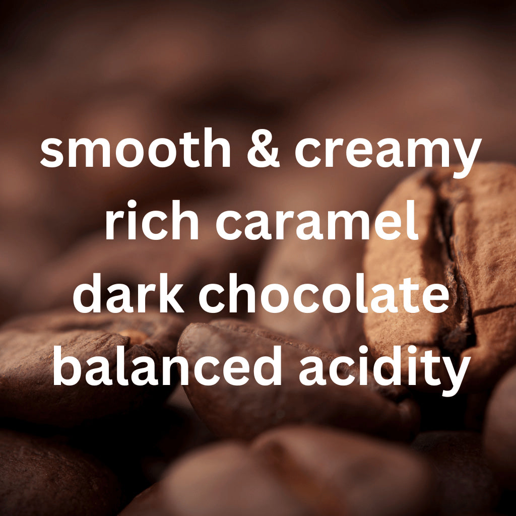 Close-up of myCuppa Suuweet coffee beans with text describing flavor profile