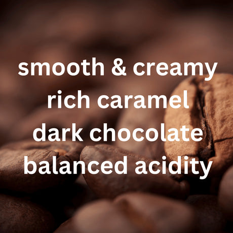 Close-up of myCuppa Suuweet coffee beans with text describing flavor profile