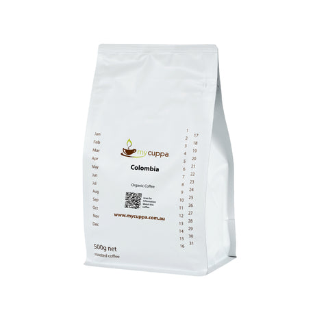 mycuppa 500g pack of sweet tasting Colombia Organic fresh roasted coffee beans.