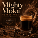 Mighty Moka Coffee Pods 120-pack chocolate note flavor, featuring a glass of espresso with crema, coffee beans, chocolate pieces, and rich chocolate liquid swirls on a dark background.