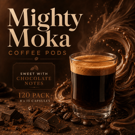 Mighty Moka Coffee Pods 120-pack chocolate note flavor, featuring a glass of espresso with crema, coffee beans, chocolate pieces, and rich chocolate liquid swirls on a dark background.
