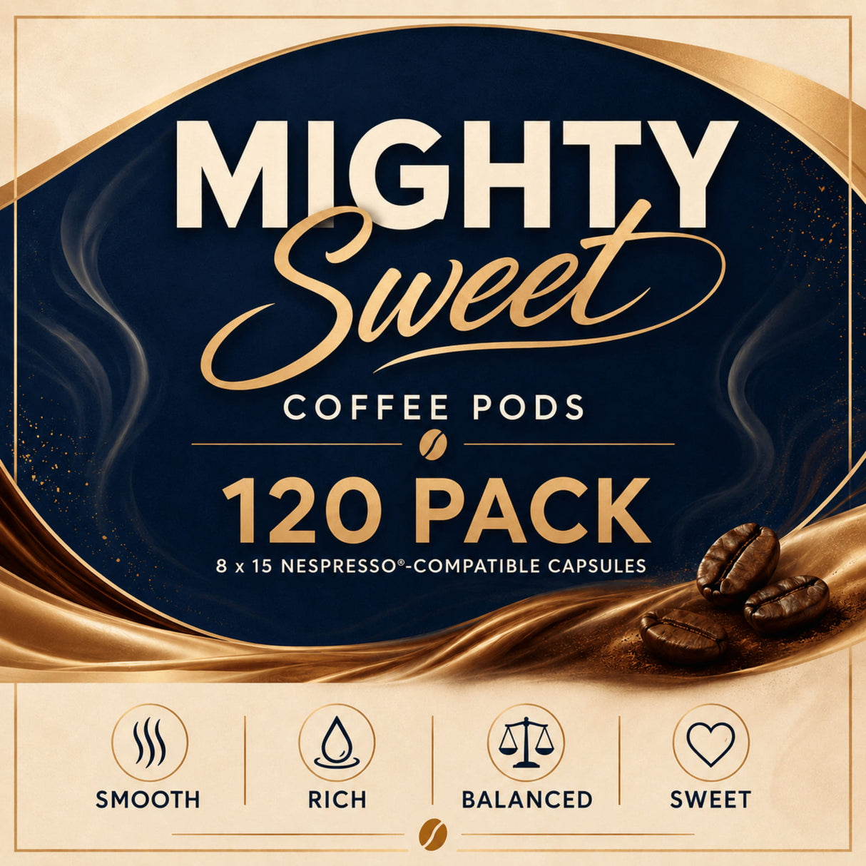 Mighty Sweet Coffee Pods 120 Pack packaging graphic, featuring a dark navy blue and gold design with text and coffee bean illustrations on a beige background.