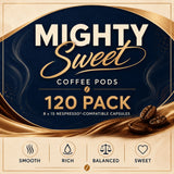 Mighty Sweet Coffee Pods 120 Pack packaging graphic, featuring a dark navy blue and gold design with text and coffee bean illustrations on a beige background.