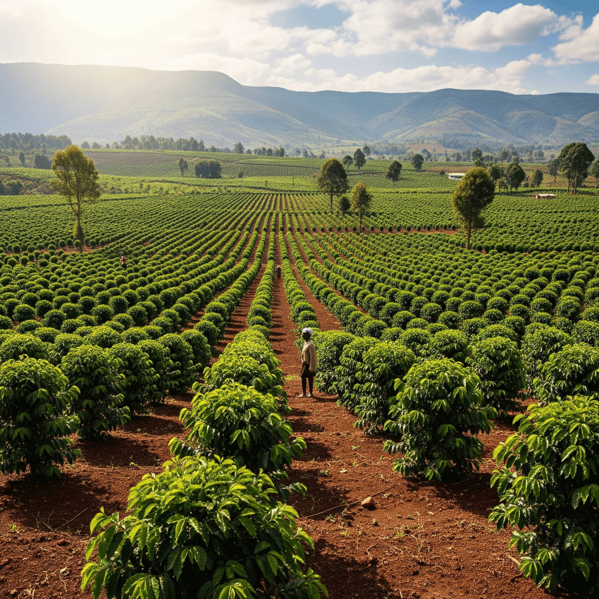Coffee plantation in Burundi with rows of coffee trees under a clear sky
