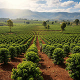 Coffee plantation in Burundi with rows of coffee trees under a clear sky
