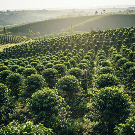 People working in a coffee plantation at Burundi with rolling hills in the background
