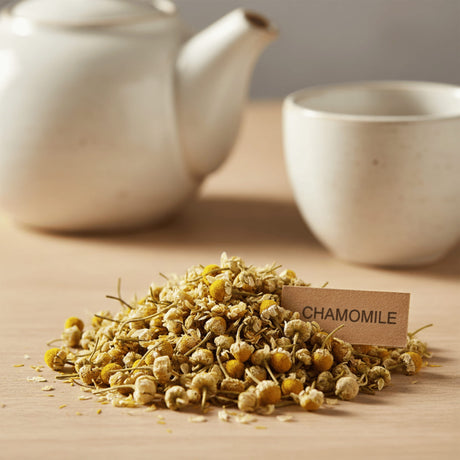 Dried chamomile flowers with a teapot and cup in the background on a wooden surface.