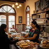Woman serving pastries to a customer in an El Salvador
 bakery.