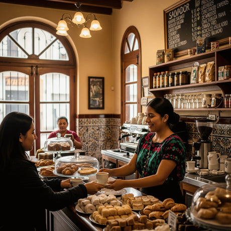 Woman serving pastries to a customer in an El Salvador
 bakery.