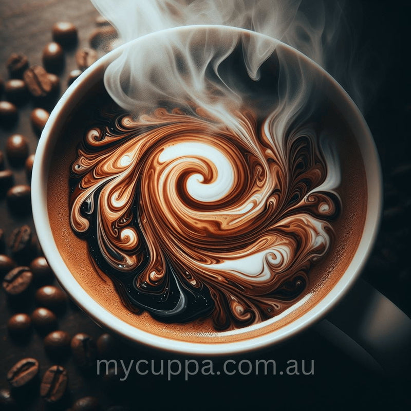 Artistic coffee design with swirling patterns and steam, surrounded by coffee beans, on a dark background.