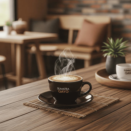 Steaming coffee cup on a wooden table with a blurred cafe background
