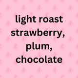 Text 'light roast strawberry, plum, chocolate' on a pink background with dollar sign pattern