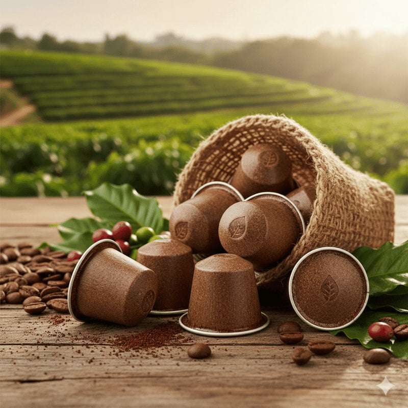 Coffee capsules with a rustic background of green fields and coffee beans.